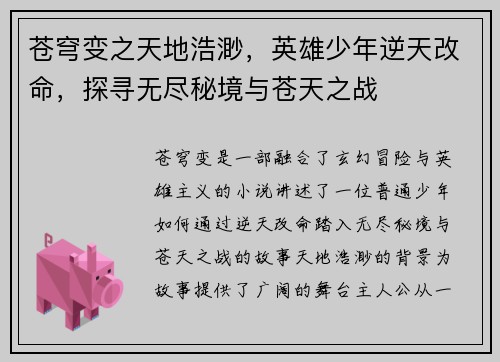 苍穹变之天地浩渺,英雄少年逆天改命,探寻无尽秘境与苍天之战